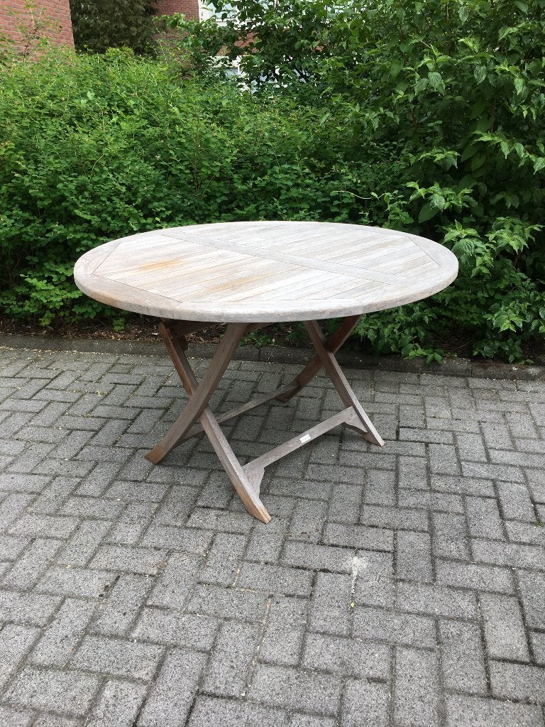 Teakhouten ronde tuintafel 120 cm., Ophalen, Zo goed als nieuw, Rond, Teakhout