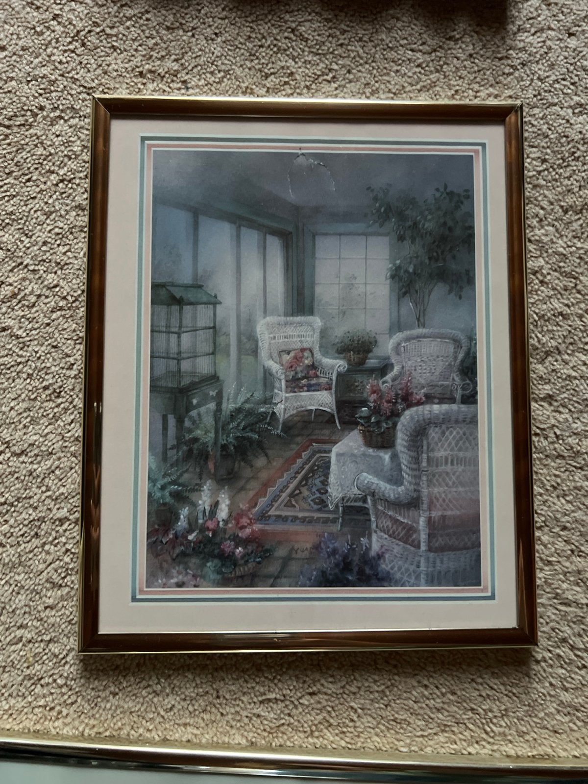 Ingelijste print van een serre met rieten meubels, Antiek en Kunst, Kunst | Schilderijen | Klassiek, Klassiek, Print, Overige onderwerpen