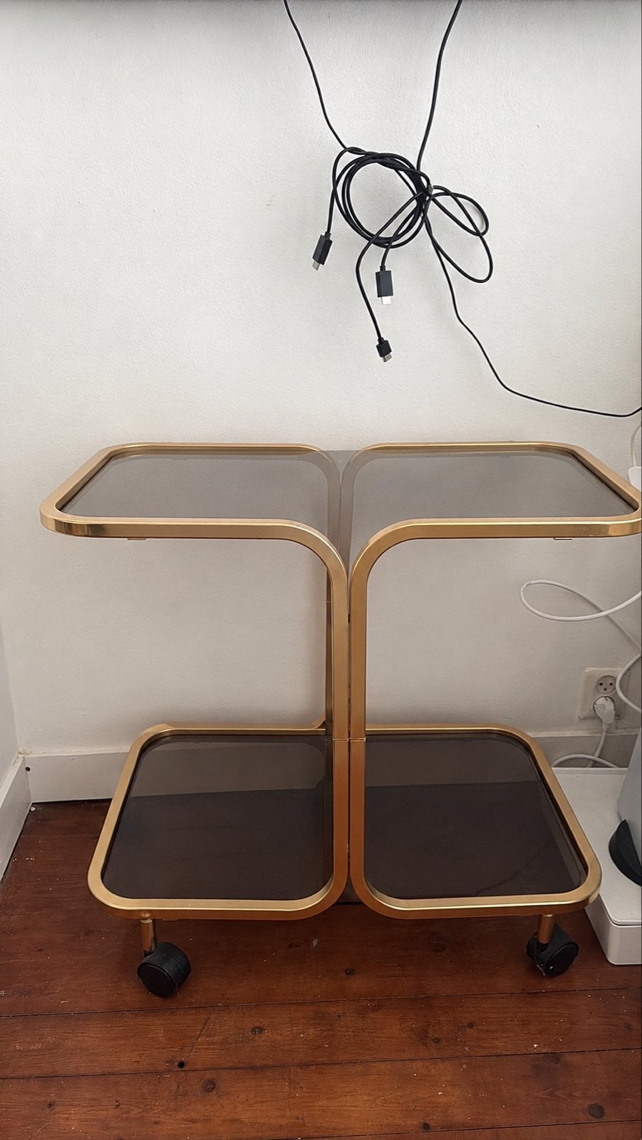 Gouden trolley / serveerwagen met (smokey) glazen platen, Ophalen, Gebruikt