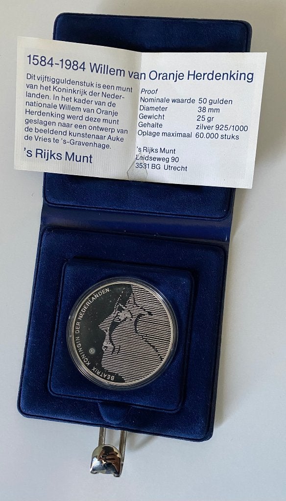 Zilveren 50 Gulden 1984 - Willem van Oranje (Proof + Doos)
