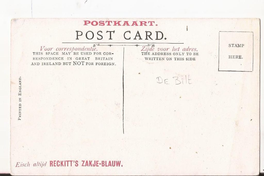 DE BILT rond 1920 reclame-ansicht RECKITT's ZAKJE-BLAUW, Ophalen of Verzenden, Voor 1920, Ongelopen, Utrecht