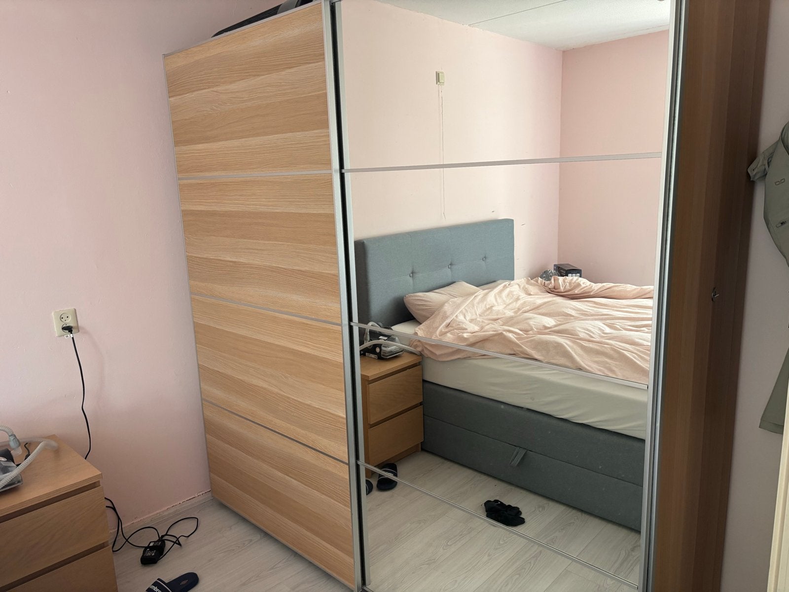 IKEA PAX kledingkast met spiegel en houten schuifdeuren, Ophalen, Gebruikt, 200 cm of meer, 200 cm of meer