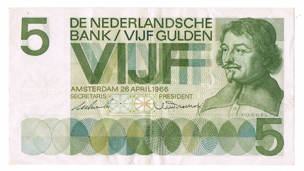 Bank biljet 5 vijf gulden Vondel 1966 gebruikt very fine, Postzegels en Munten, Verzenden, 5 gulden, Los biljet