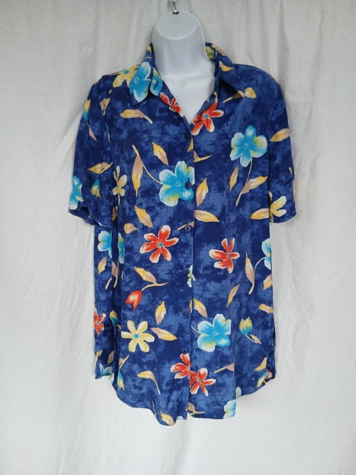 Gave vintage blauwe blouse, bloemen, puntkraag mt M, Maat 38/40 (M), Blauw, ., Ophalen of Verzenden