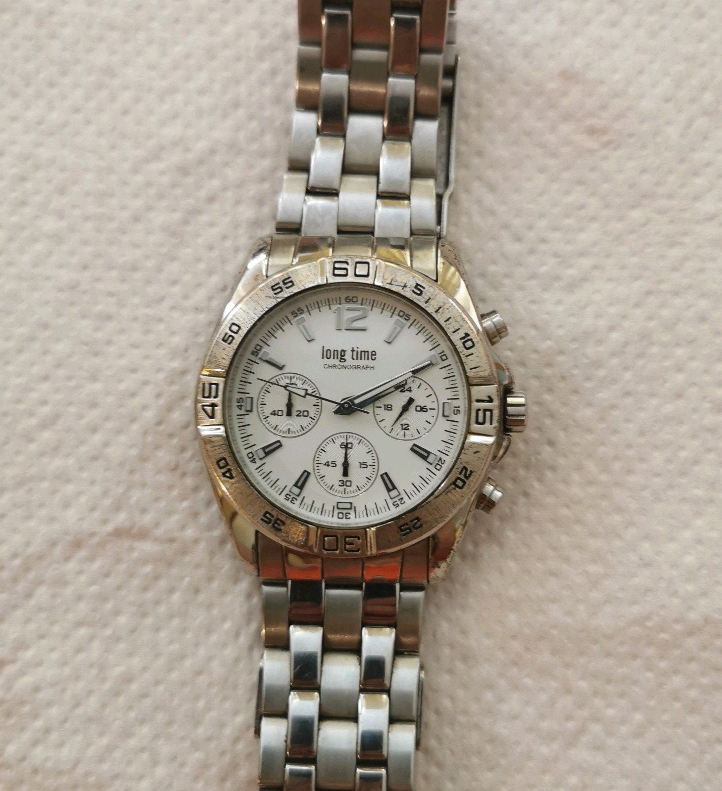 Zilver Long Time chronograaf horloge klok - Longines-look, Ophalen of Verzenden, Staal, Overige merken