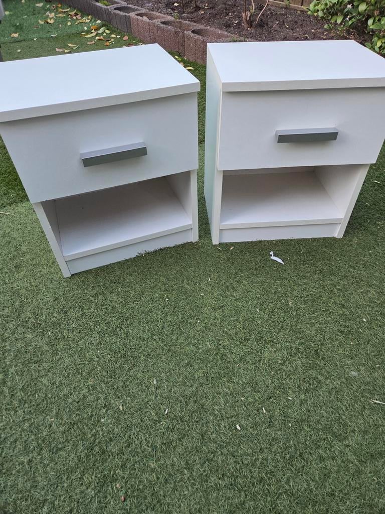 Set van 2 witte nachtkastjes met lade en open vak, Huis en Inrichting, Ophalen, Gebruikt, 45 tot 65 cm, Minder dan 55 cm