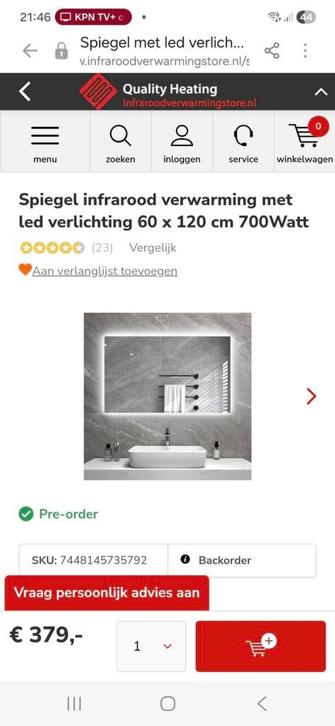 Spiegel infrarood verwarming met led verlichting, Ophalen of Verzenden, Nieuw, Rechthoekig, Minder dan 100 cm