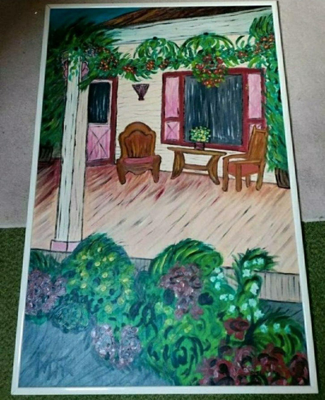 Veranda Schilderij,Kleurrijk,MTK,155x102 cm,patio,lijst, Ophalen, Ingelijst, Stilleven