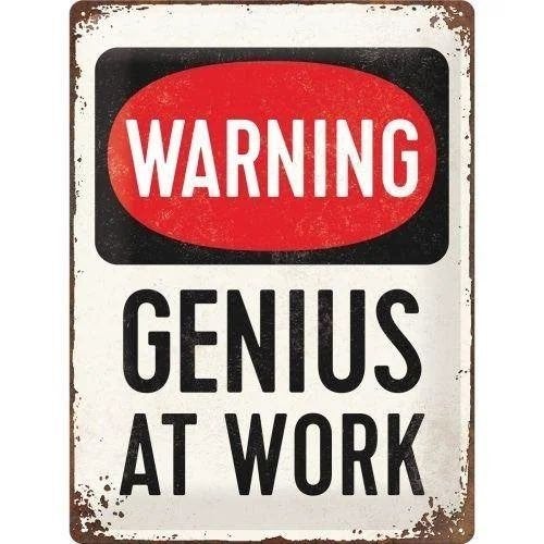 Warning genius at work relief reclamebord van metaal deco, Info@deconoord.nl, Deco Noord, Nieuw, Ophalen of Verzenden