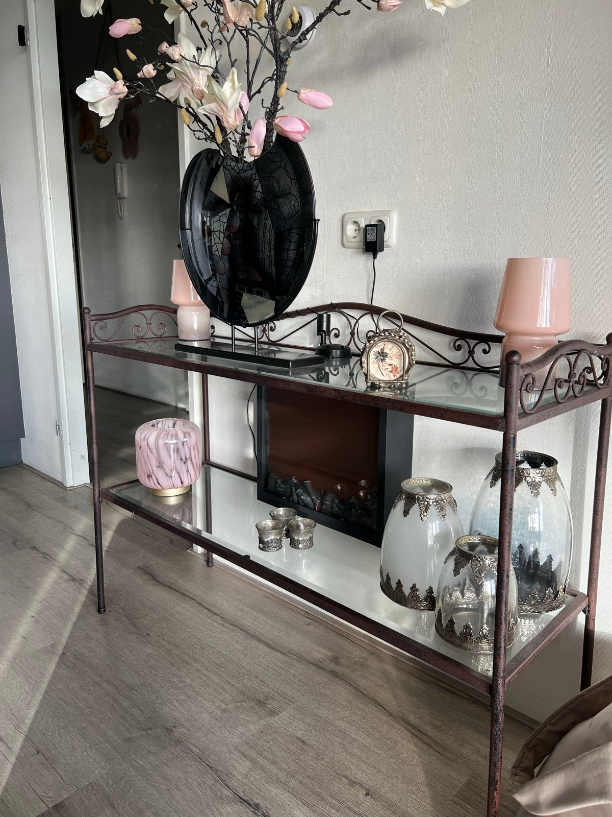 Landelijk console tafeltje met glazen platen 120x85 cm, Ophalen, Gebruikt, Glas, 75 cm of meer
