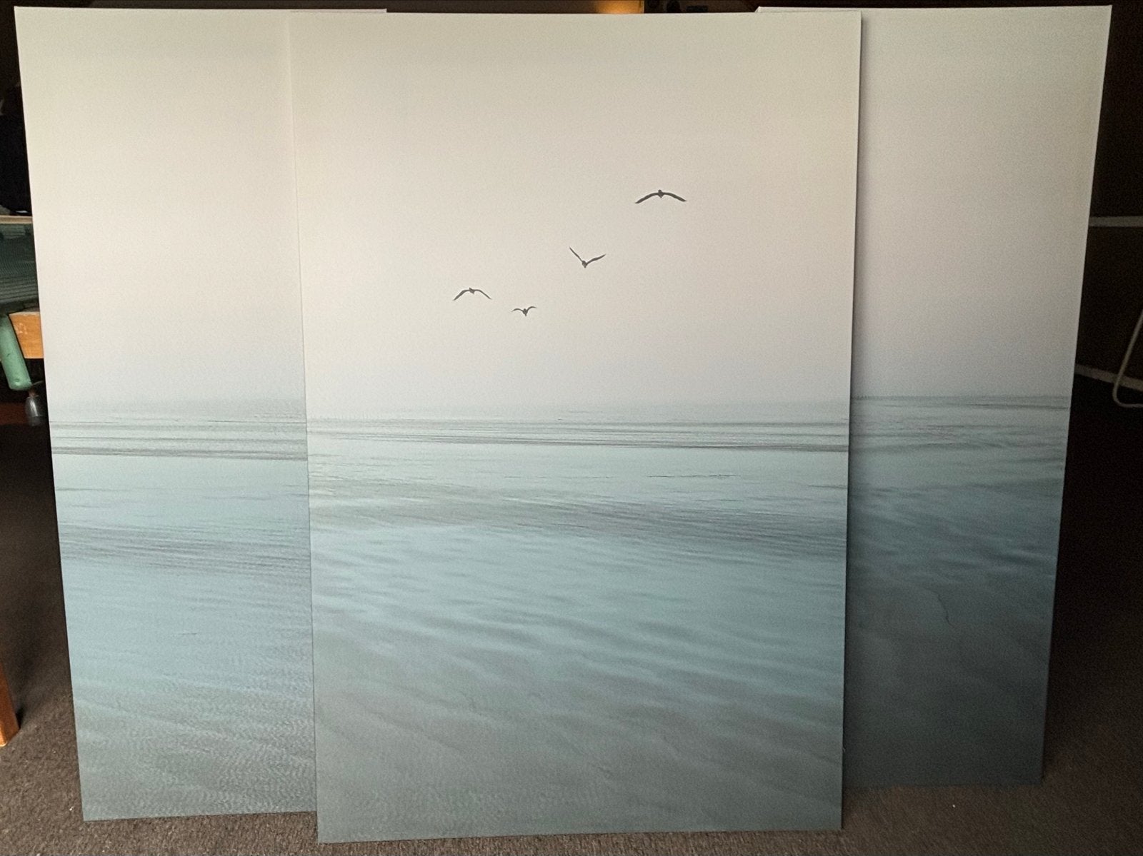 Drieluik: Moderne Strandgezicht Canvas Set met Meeuwen, Print, Op houten frame, Textiel, Landschap