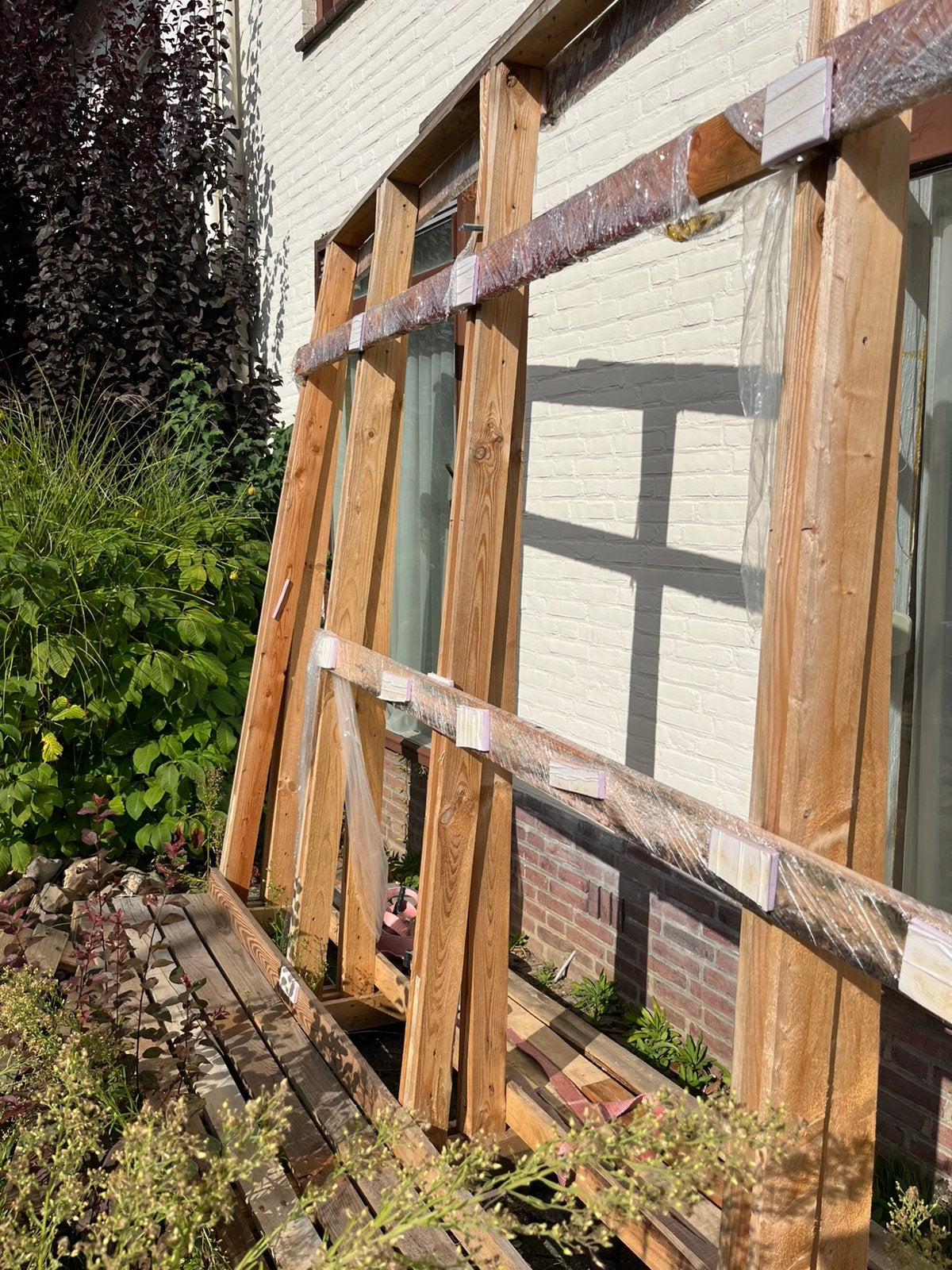 Grote houten kozijnbok glasbok inclusief 3 dikke spanbanden, Gebruikt, Overige typen, Hout, Ophalen