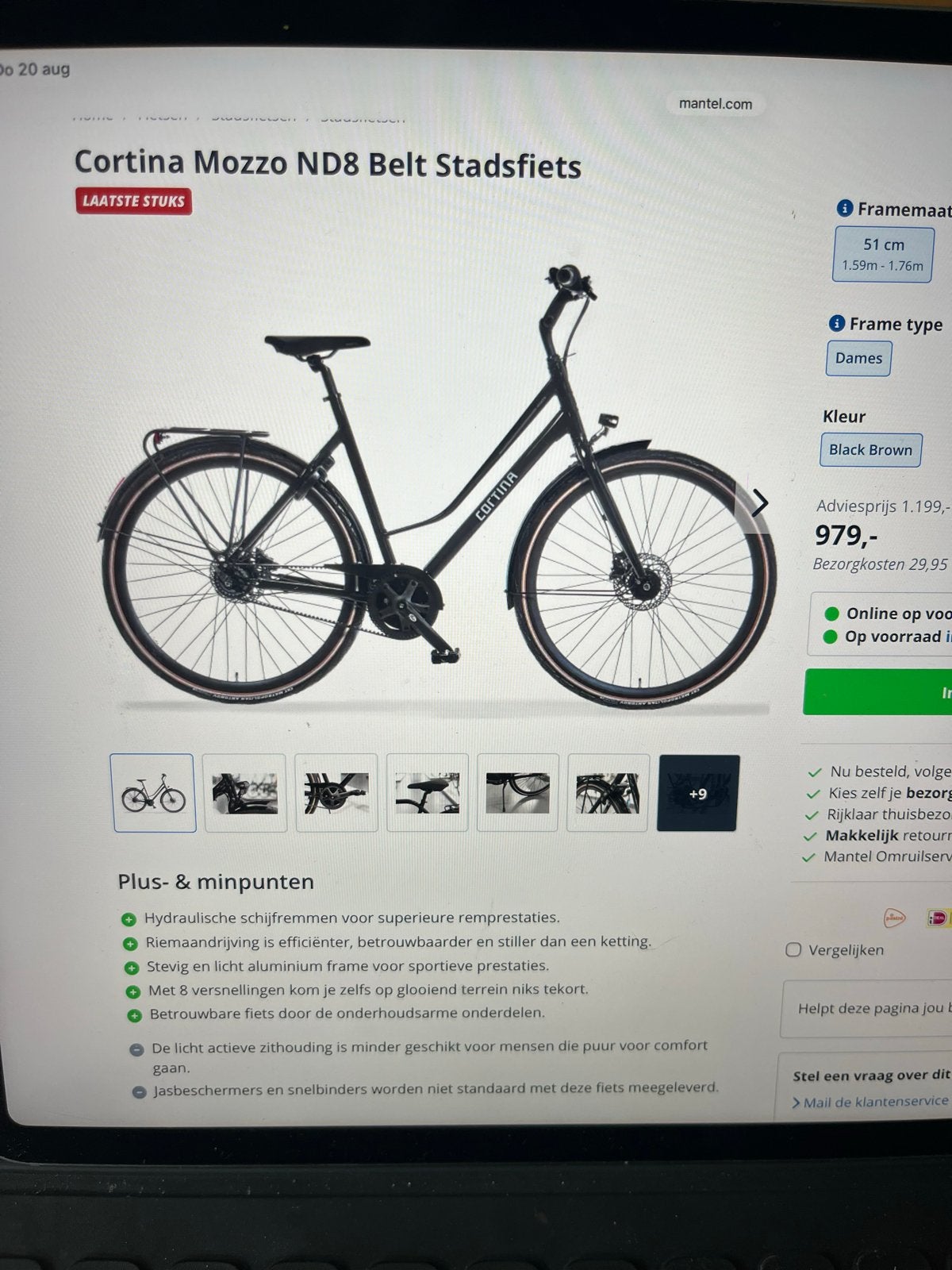 Cortina Mozzo ND8 Belt Stadsfiets - Zo goed als nieuw, Versnellingen, Zo goed als nieuw, 50 tot 53 cm, Schijfrem