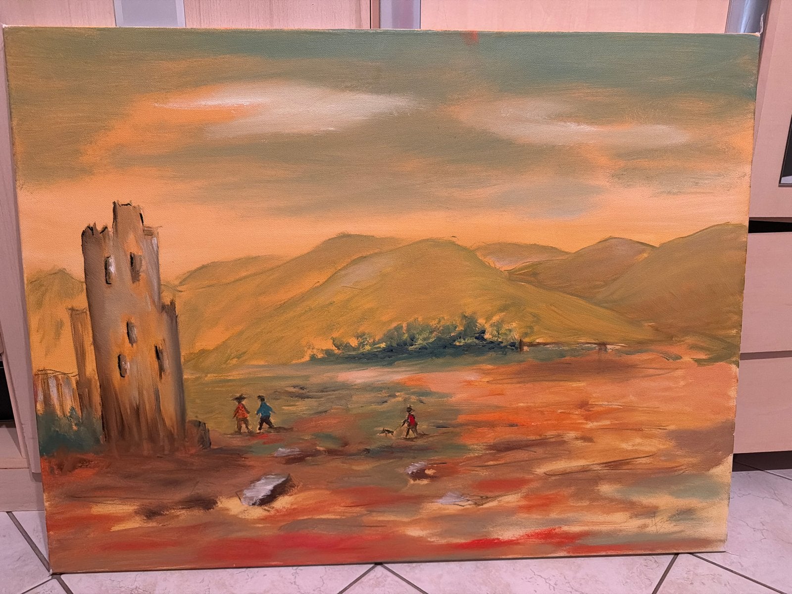 Schilderij: Landschap met ruïne en figuren, Doek, Realistisch, Ophalen of Verzenden, Olieverf