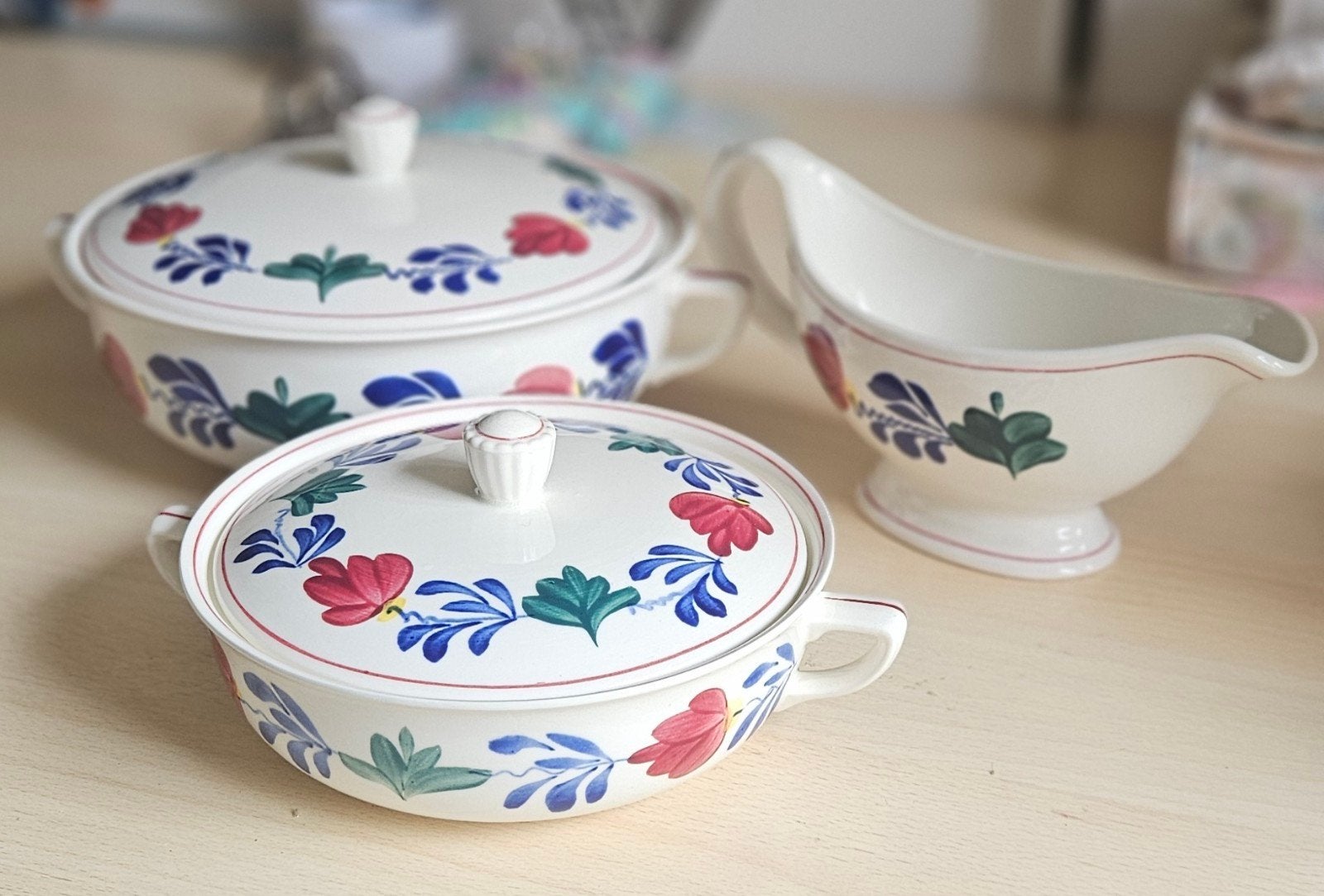 Boch Boerenbont juskom en 2 schalen met deksels, Antiek en Kunst, Ophalen