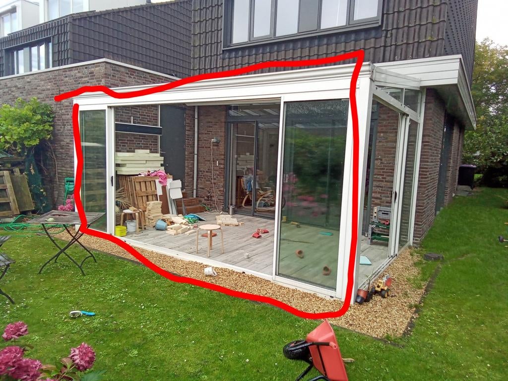 Schuifpui schuifdeuren serre deuren 558cm breed 250 cm hoog, Ophalen, Overige typen, 3 ramen of meer