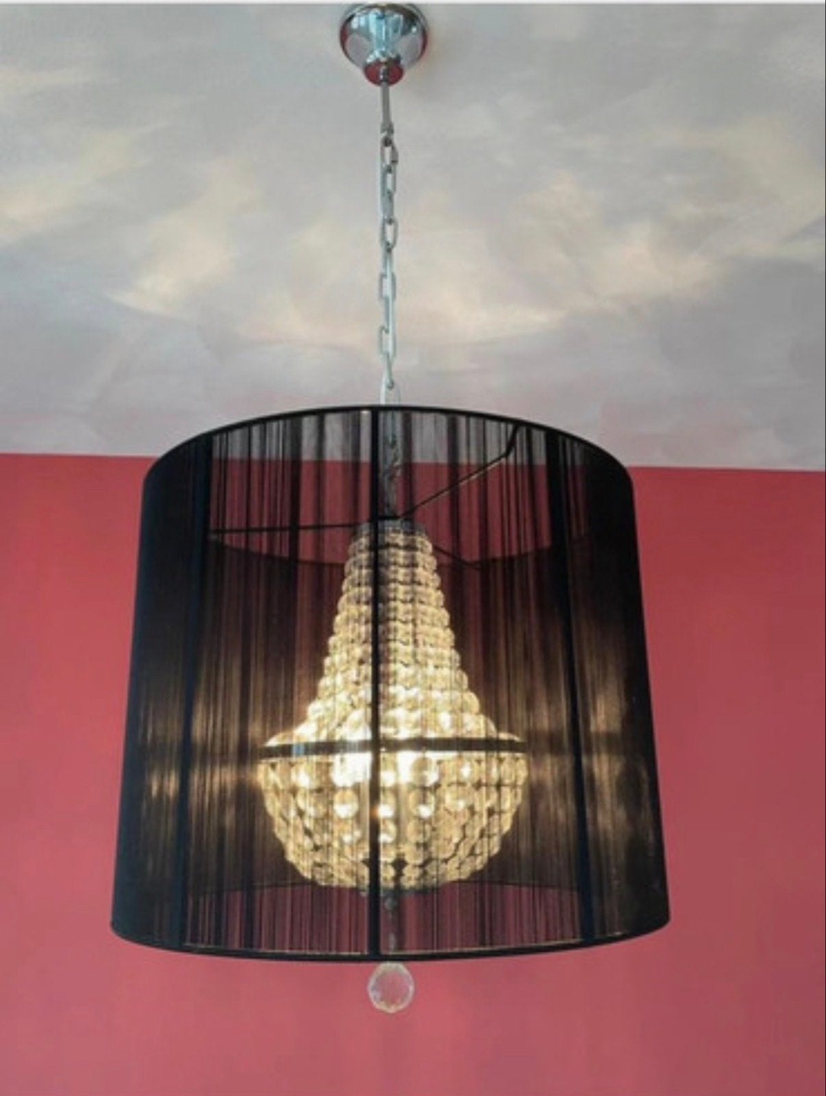 Moderne hanglamp met zwarte kap en kristallen, Ophalen, Zo goed als nieuw, Metaal, E27 (groot)