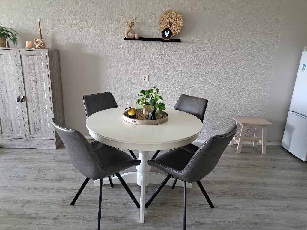 Witte ronde eettafel met uitschuifbaar blad, Huis en Inrichting, Ophalen, Gebruikt, Rond, Vier personen