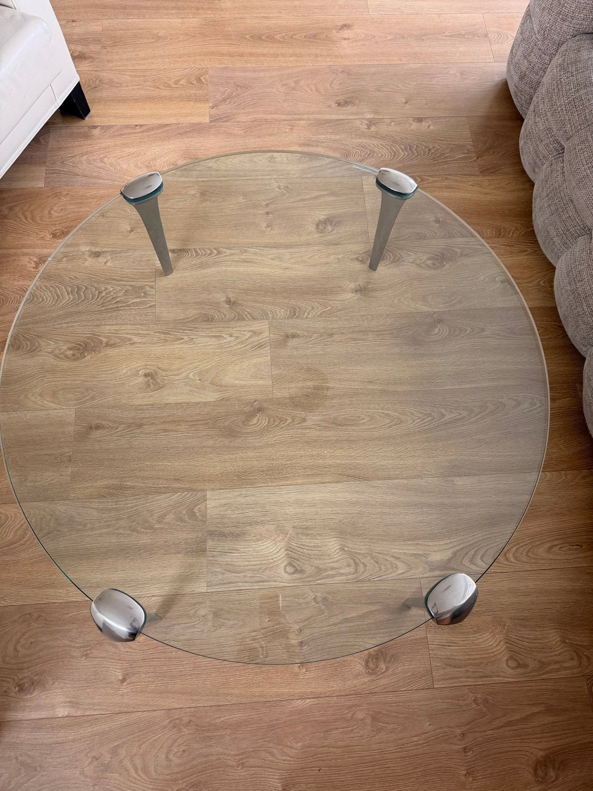 Glazen Salontafel met verchroomde poten - Rond, Ophalen, Gebruikt, 100 tot 150 cm, Rond