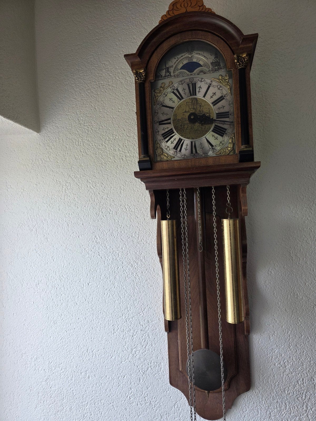 Antieke Friese Staartklok met Maanstand en Scheepsdecor, Antiek en Kunst, Ophalen