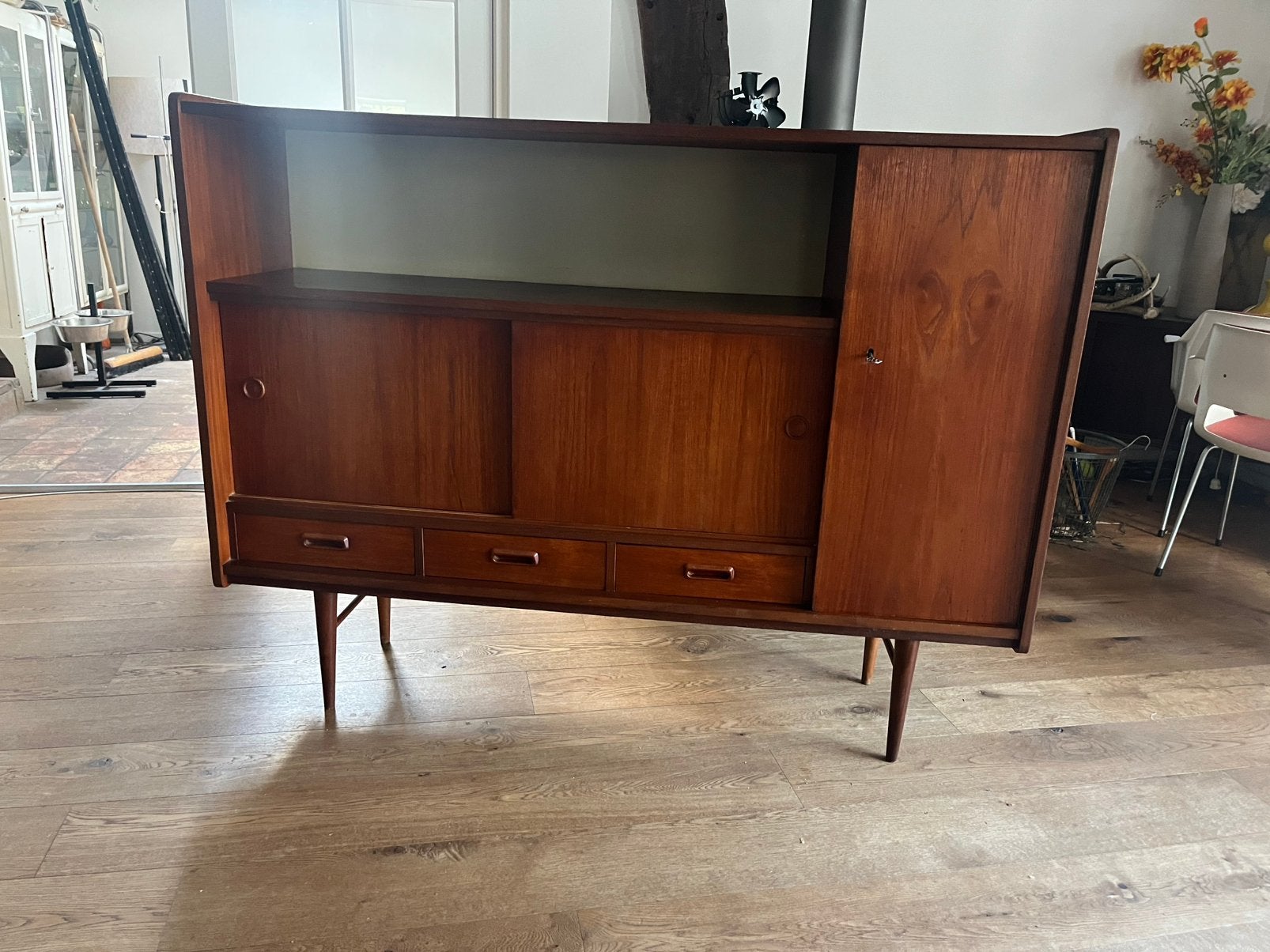Dressoir highboard teak jaren 60 vintage retro, Gebruikt, Met deur(en), 150 tot 200 cm, Teakhout