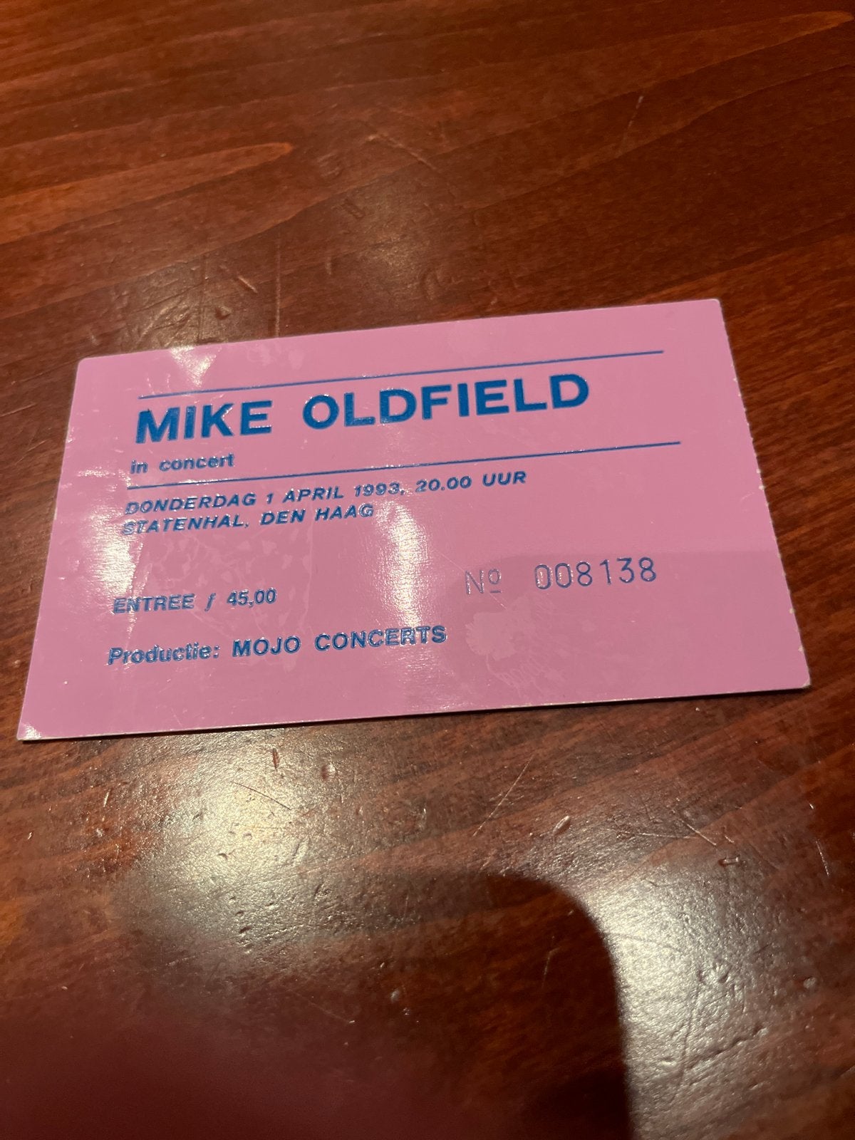 concertkaart  mike oldfield 1993, Eén persoon
