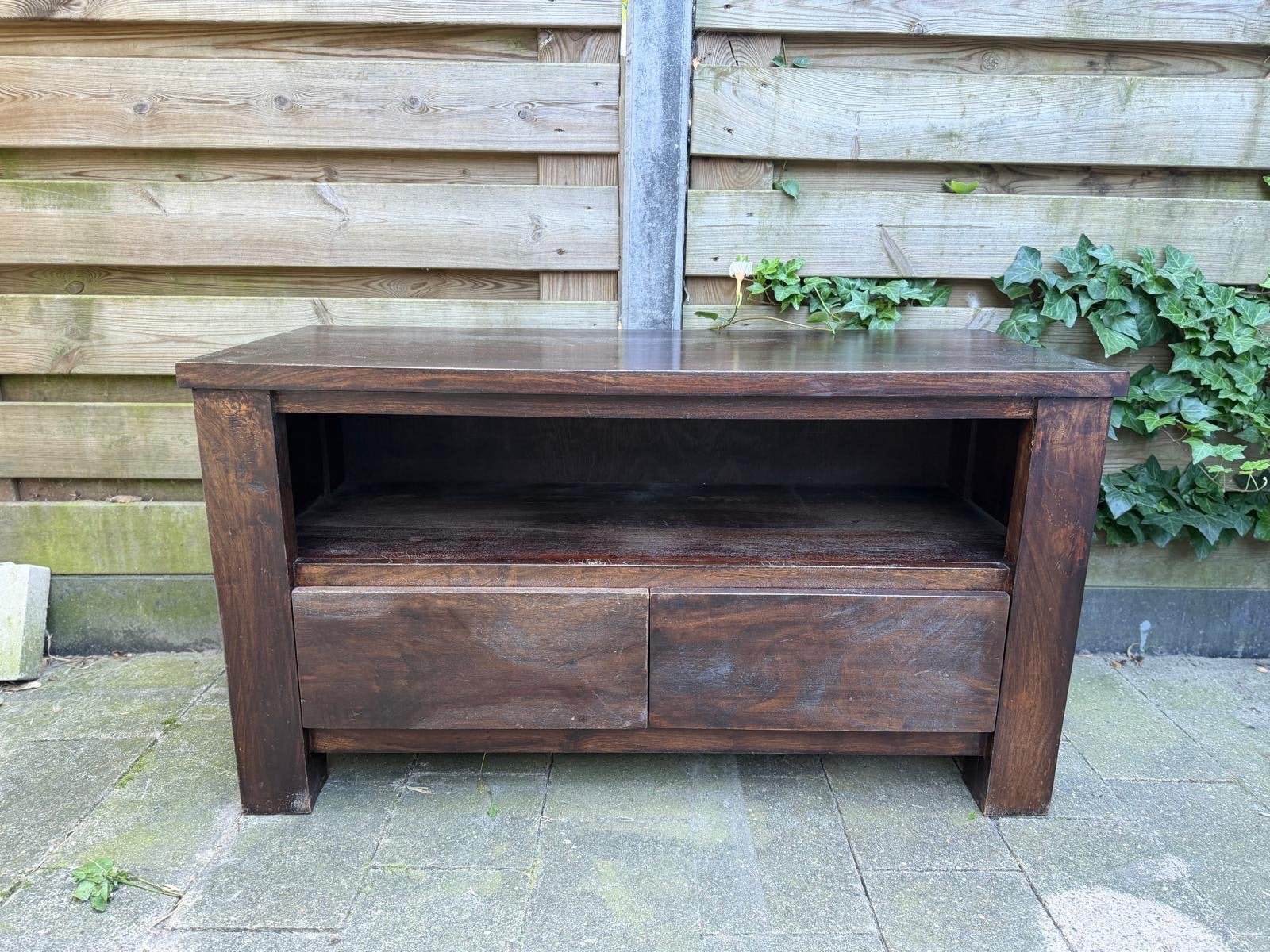 Massief houten tv-meubel met lades, Ophalen, Gebruikt, 100 tot 150 cm, Minder dan 100 cm