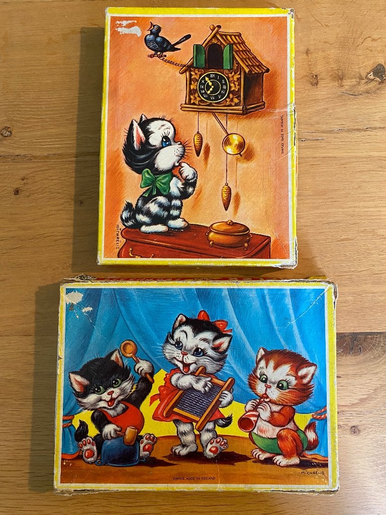 2 Antieke Houten Simplex Puzzels (Michaelis Katten) Jaren 50, Antiek en Kunst, Ophalen of Verzenden