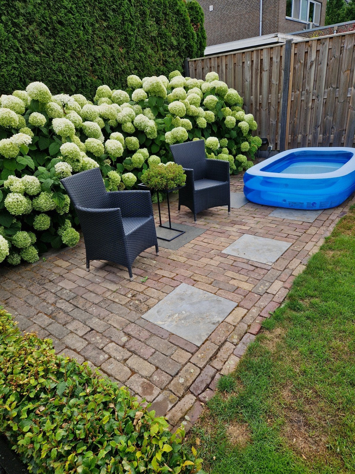 terras gebakken klinkers met natuur/hardsteen tegels, Ophalen, Natuursteen, Terrastegels