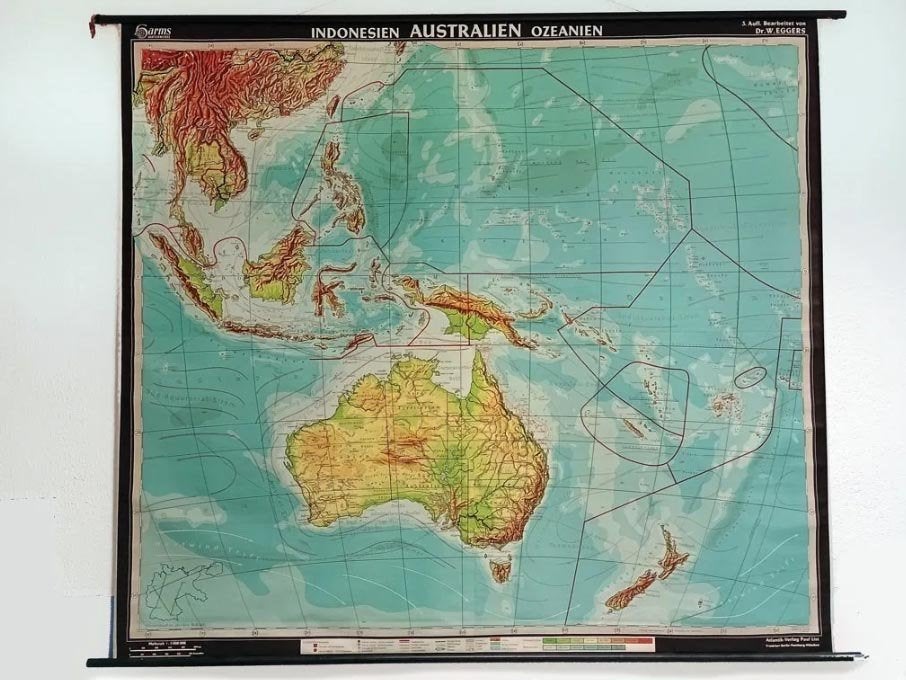 Grote landkaart schoolkaart Australië, Indonesië en Oceanië, Antiek en Kunst, Antiek | Schoolplaten, Ophalen, Natuur en Biologie