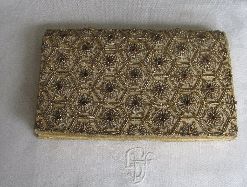 Antiek avondtasje met goudbrokaat geborduurde voorkant, Antiek en Kunst, Ophalen of Verzenden