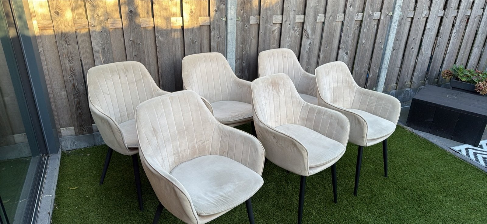Set van 6 beige fluwelen eetkamerstoelen