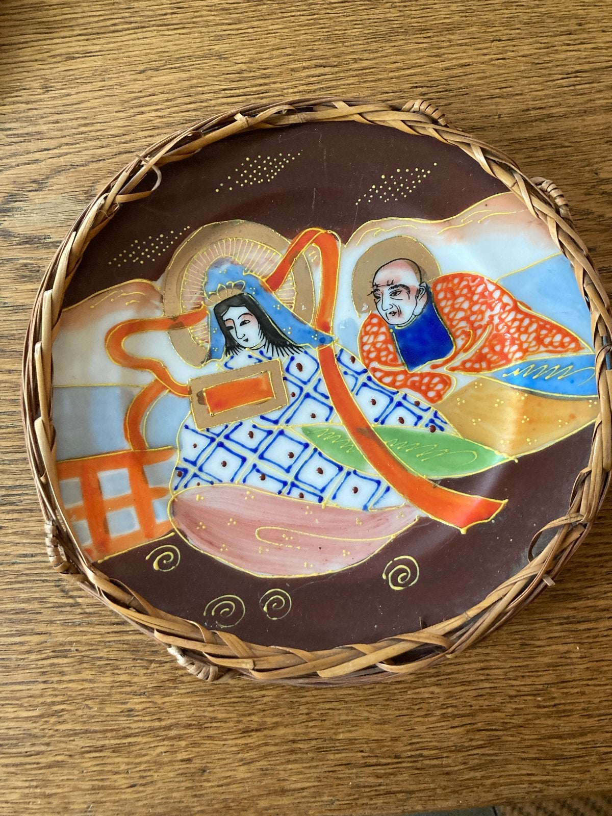 Decoratief Japans bord met bamboe houder - 20 cm, Antiek en Kunst, Antiek | Wandborden en Tegels, Ophalen of Verzenden