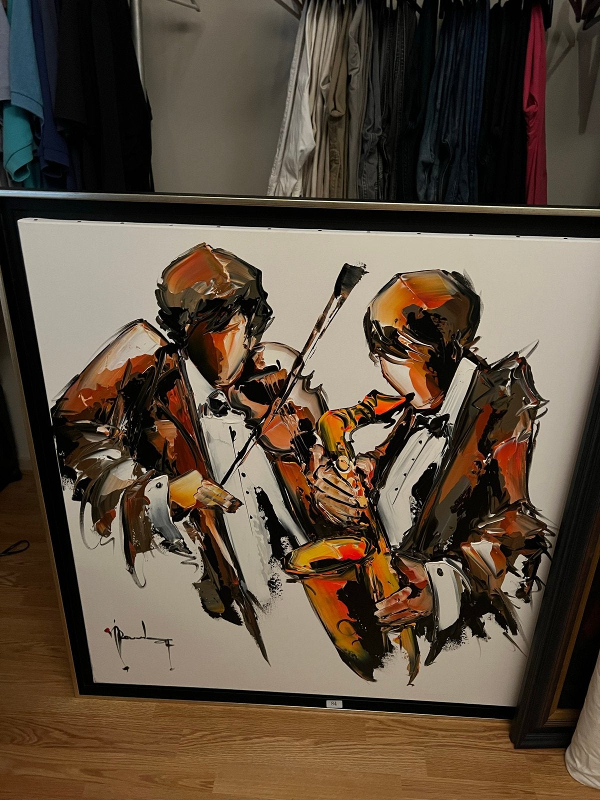 Modern schilderij: Muzikanten met viool en saxofoon, Antiek en Kunst, Ophalen of Verzenden, Overige materialen, Muziek, Gesigneerd