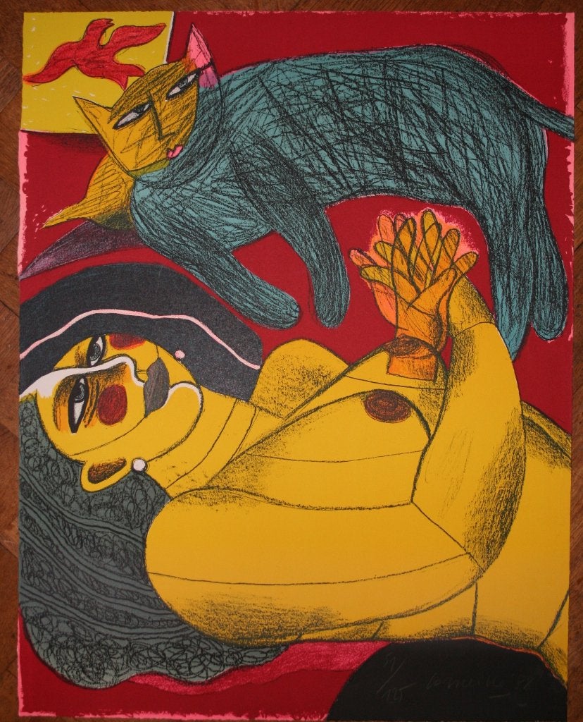 Corneille - Vrouw met kat - Zeefdruk (1988), Ophalen, Figuren, Papier/karton, Zeefdruk