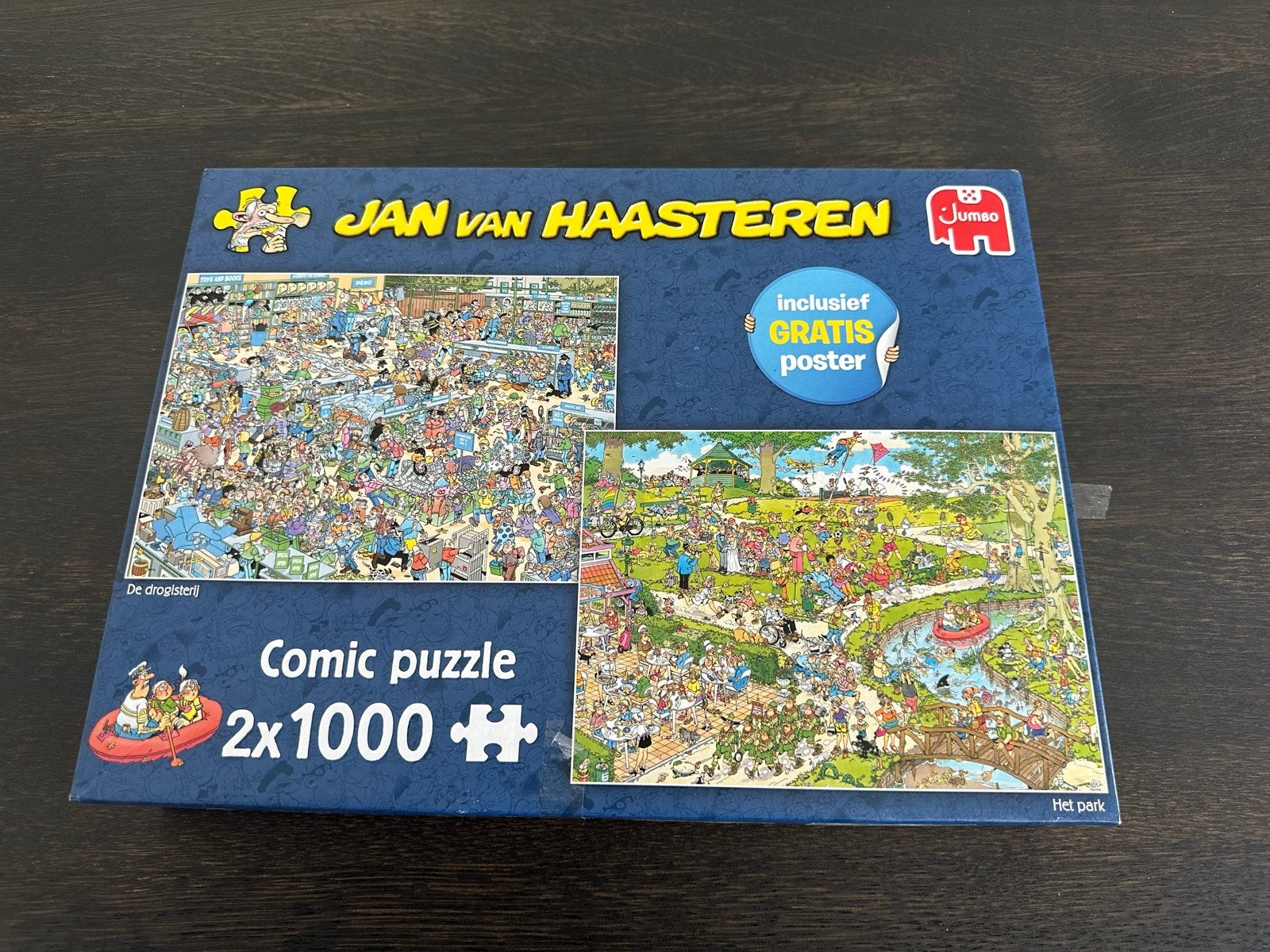 Jan van Haasteren Puzzel De Drogisterij en Het Park 2x1000, Ophalen of Verzenden, Meer dan 1500 stukjes, Zo goed als nieuw, Legpuzzel