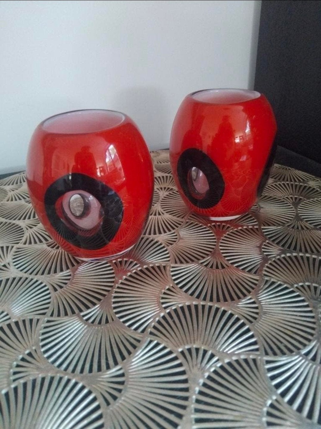 2 Vaas met Murano-overlay van stof uit de jaren 70, handgema, Ophalen of Verzenden, Handgemaakt, Rood