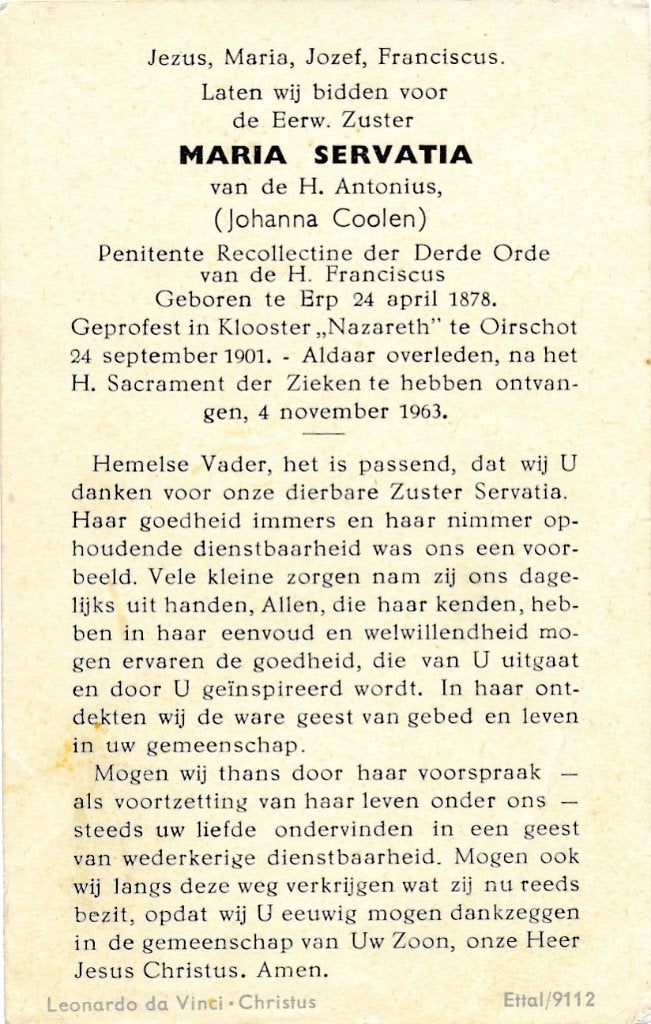Coolen Johanna  1878 Erp 1963 Oirschot  zuster, Ophalen of Verzenden, Bidprentje