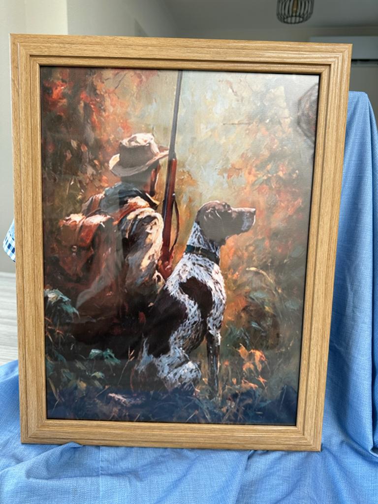 Mooi en verfijnd schilderij: Jager met hond in bos, Ophalen of Verzenden