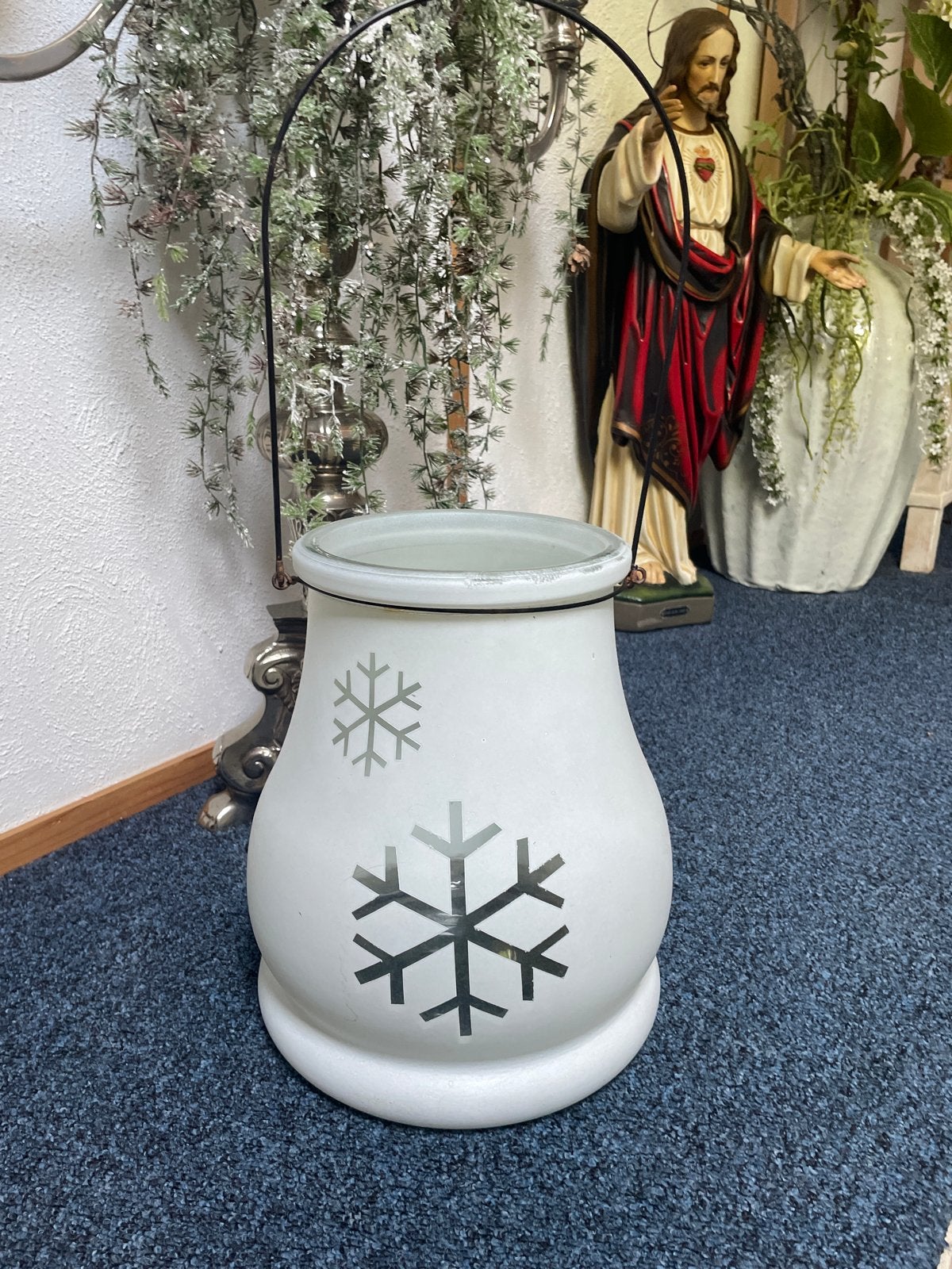 Riverdale melkglazen windlicht met sneeuwvlokken, Gebruikt, Ophalen of Verzenden, Modern, Wit