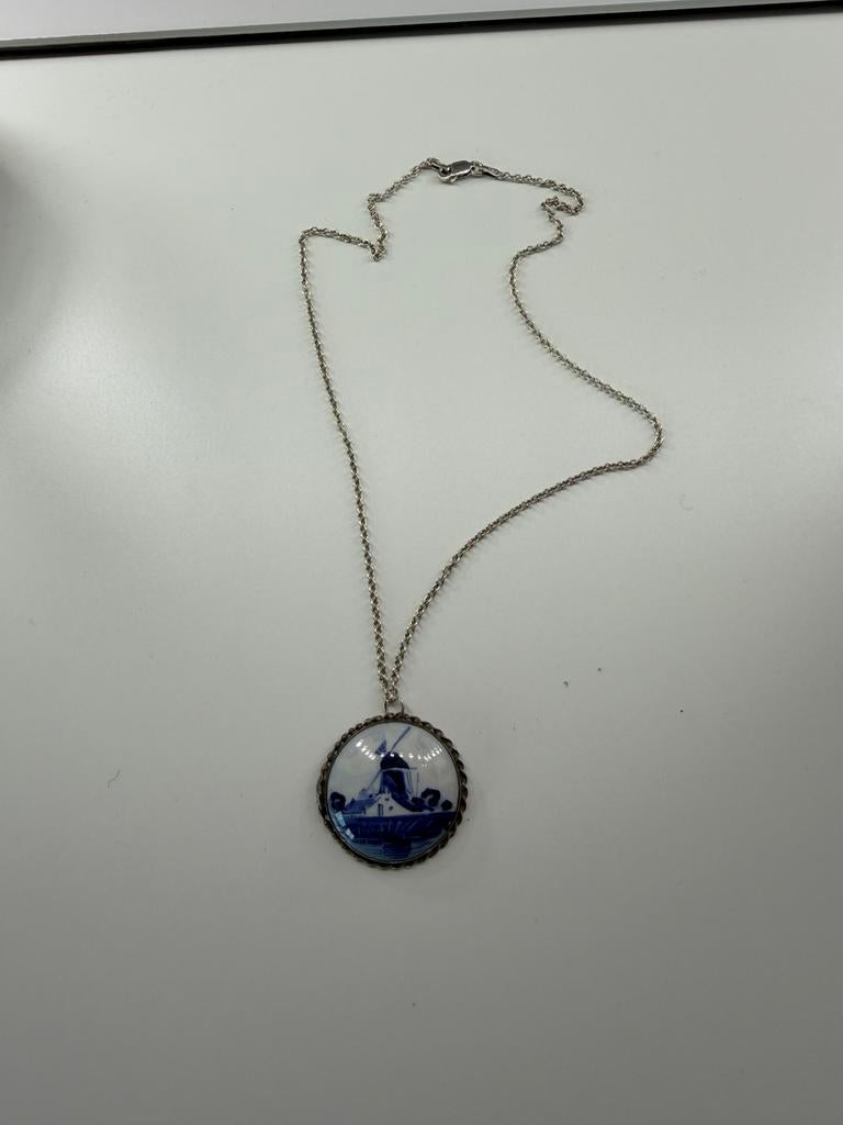 Antieke Zilveren ketting Delft met molen 925, Sieraden, Tassen en Uiterlijk, Antieke sieraden, Ophalen of Verzenden, Zilver, Ketting
