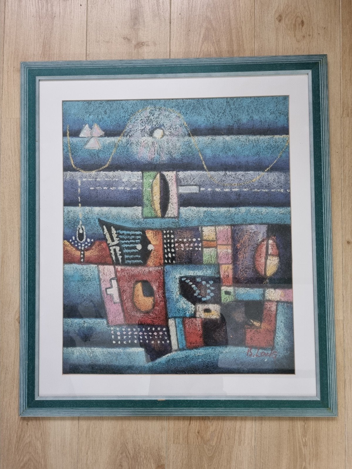 Abstract Kunstwerk in Blauwtinten - Gesigneerd B. Long, Ophalen