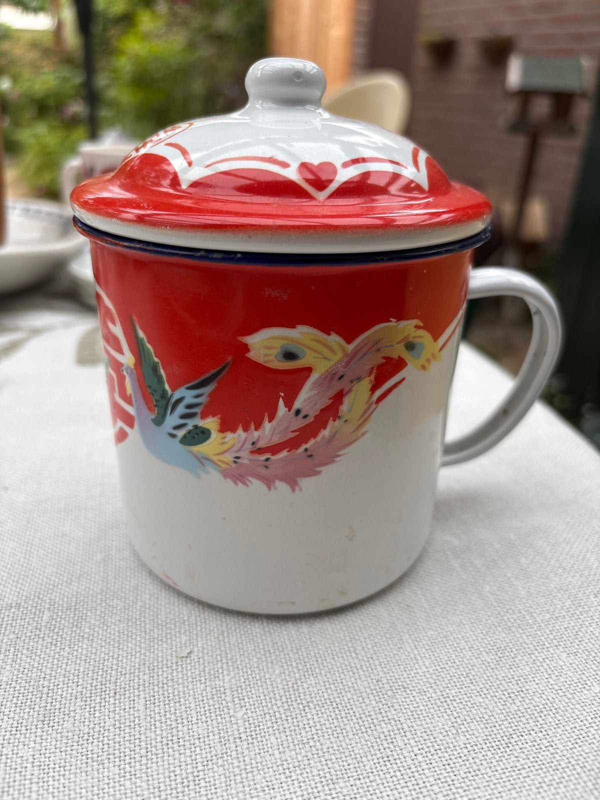Vintage emaille mok met deksel - Bumper Harvest China, Ophalen
