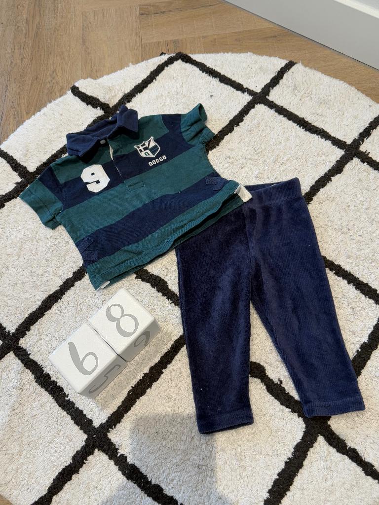 ZGAN blauw groen Gocco designer polo shirt 68 velours broek, Kinderen en Baby's, Babykleding | Maat 68, Zo goed als nieuw, Jongetje