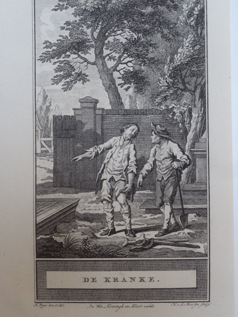 Gravure de kranke, de zieke bij een graf, 1772 vd Meer, Dagelijks leven, Ophalen of Verzenden, Gravure, Origineel