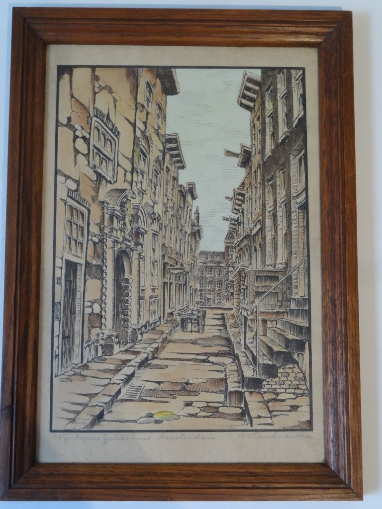 ingekleurde litho straat Wijnkopersgildehuis Amsterdam Wiard, Antiek en Kunst, Kunst | Litho's en Zeefdrukken, Watermerk, Verzenden