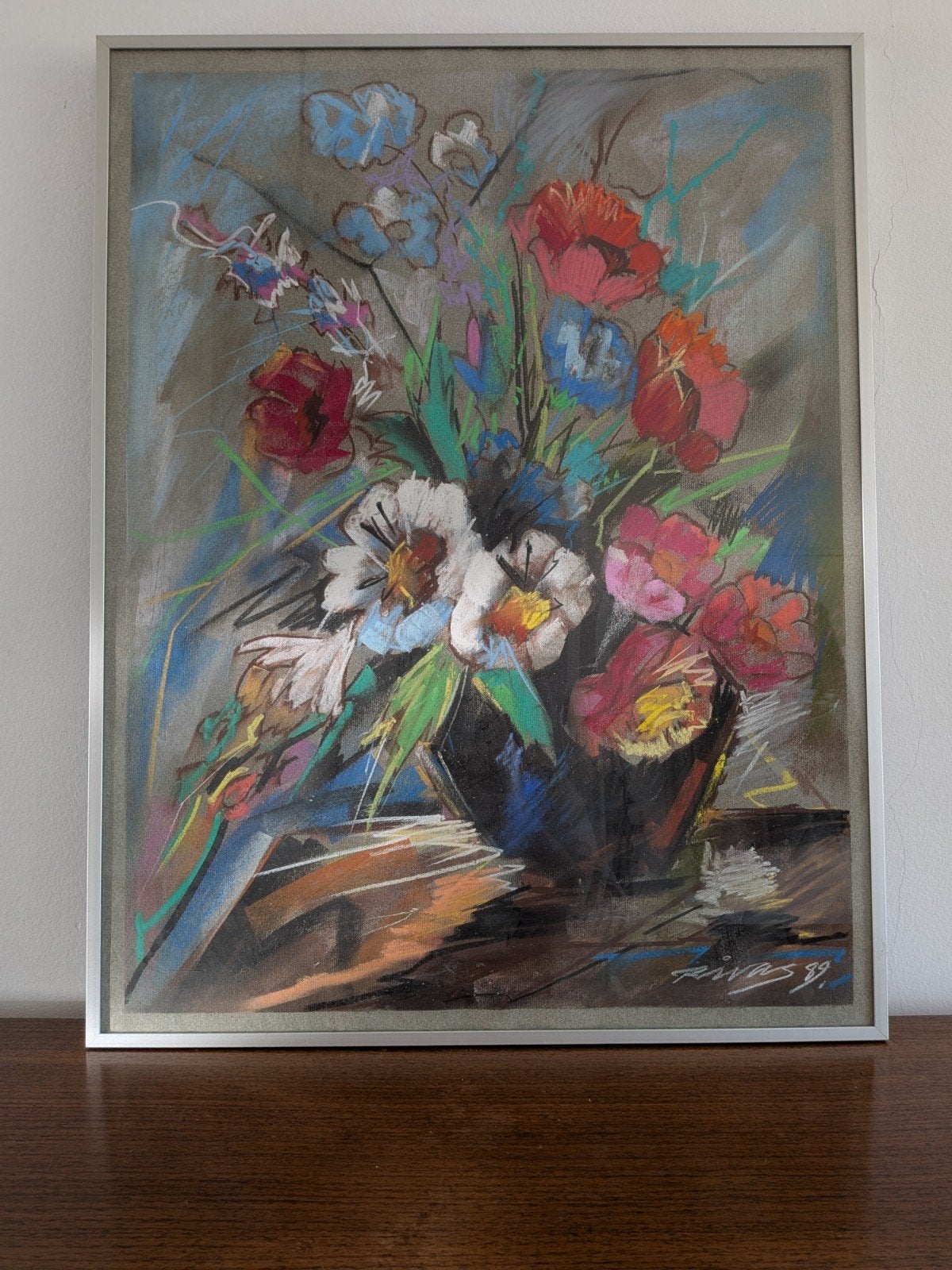 Vintage pastel floral still life, signed., Ophalen, Huis en Inrichting