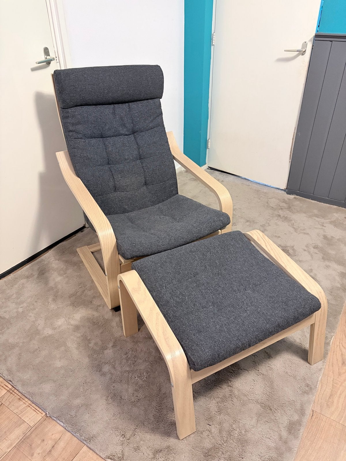IKEA Poäng fauteuil met voetenbank - Grijs/Hout, Ophalen, Zo goed als nieuw, Hout, Eén