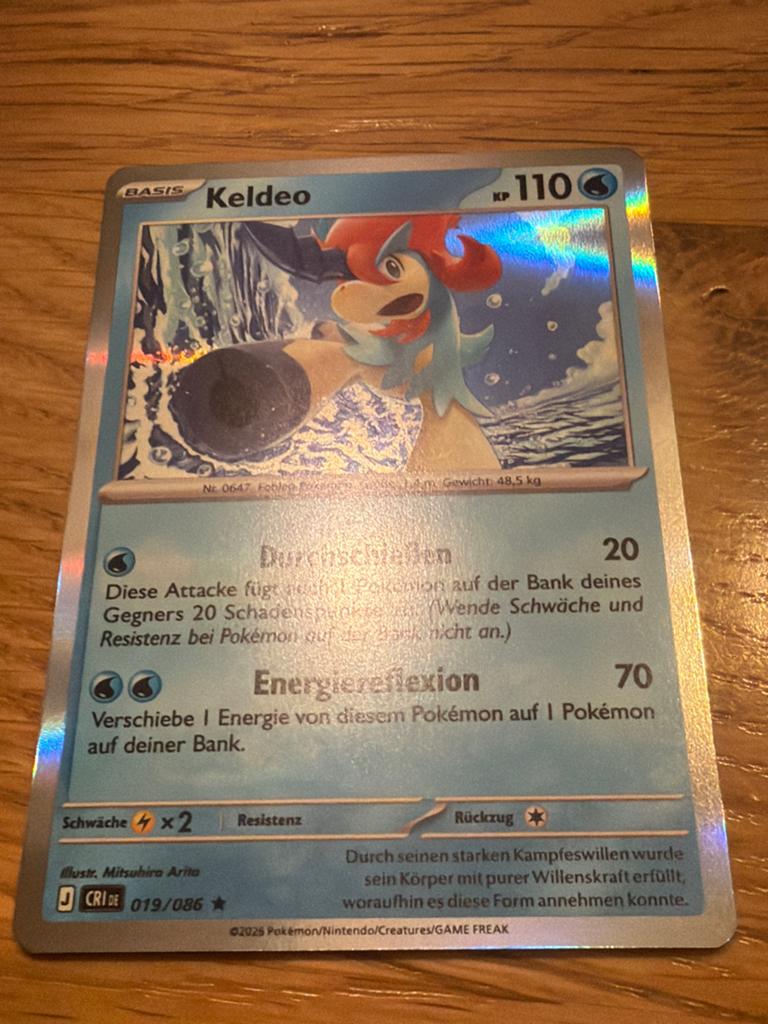 Pokémon Kaart Keldeo Holo 019/086 CRI DE, Ophalen of Verzenden, Zo goed als nieuw, Losse kaart, Foil