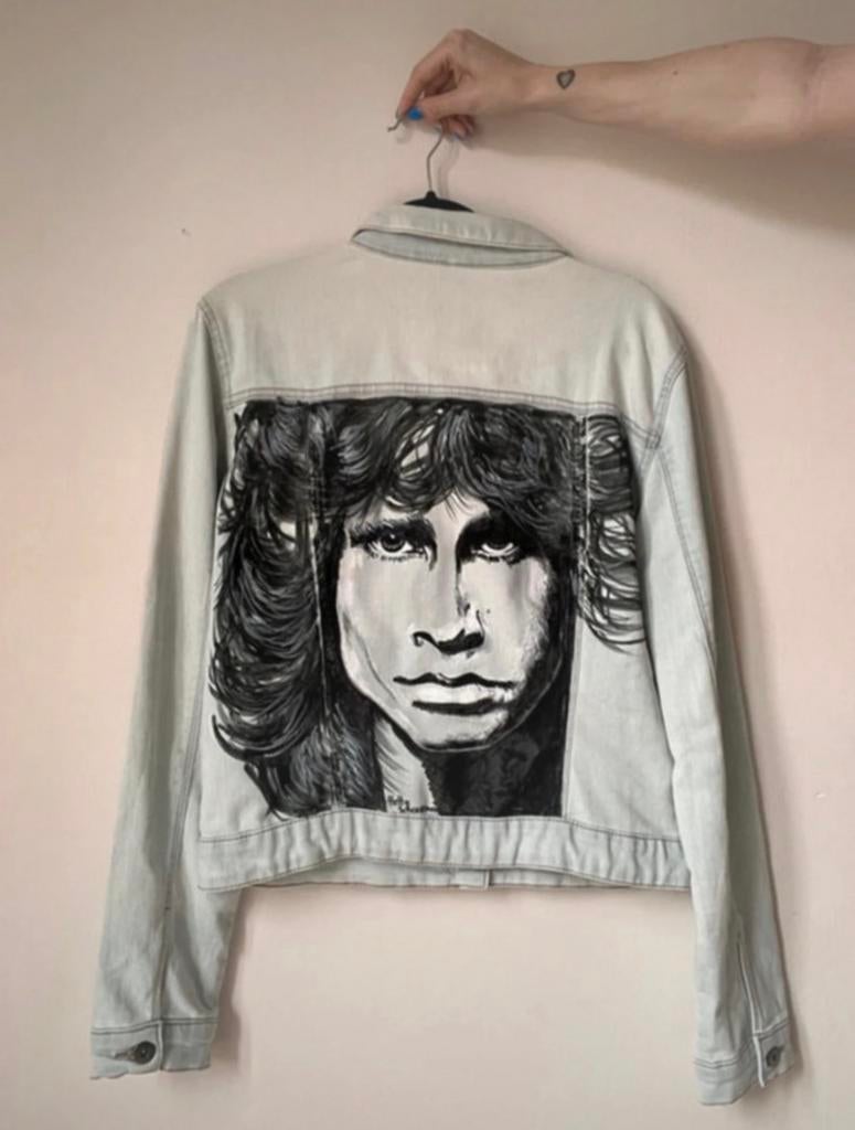 Jim Morrison spijkerjas, L. The Doors schilderij denim jack, Maat 42/44 (L), Handgemaakt, Gedragen, Verzenden